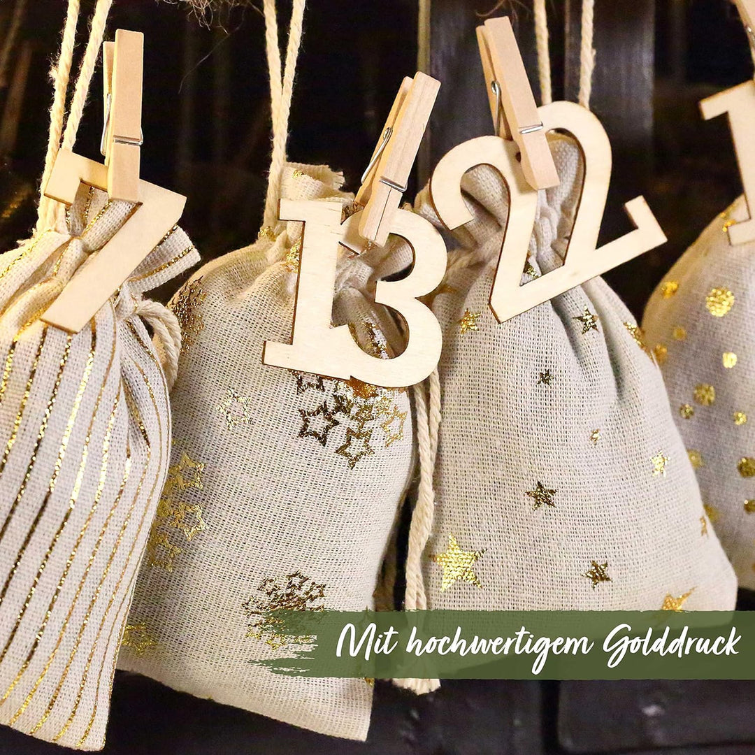 Papierdrachen 24 Adventskalender Stoffsäckchen zum Befüllen - mit XXL Holzzahlen von 1-24 - Geschenk