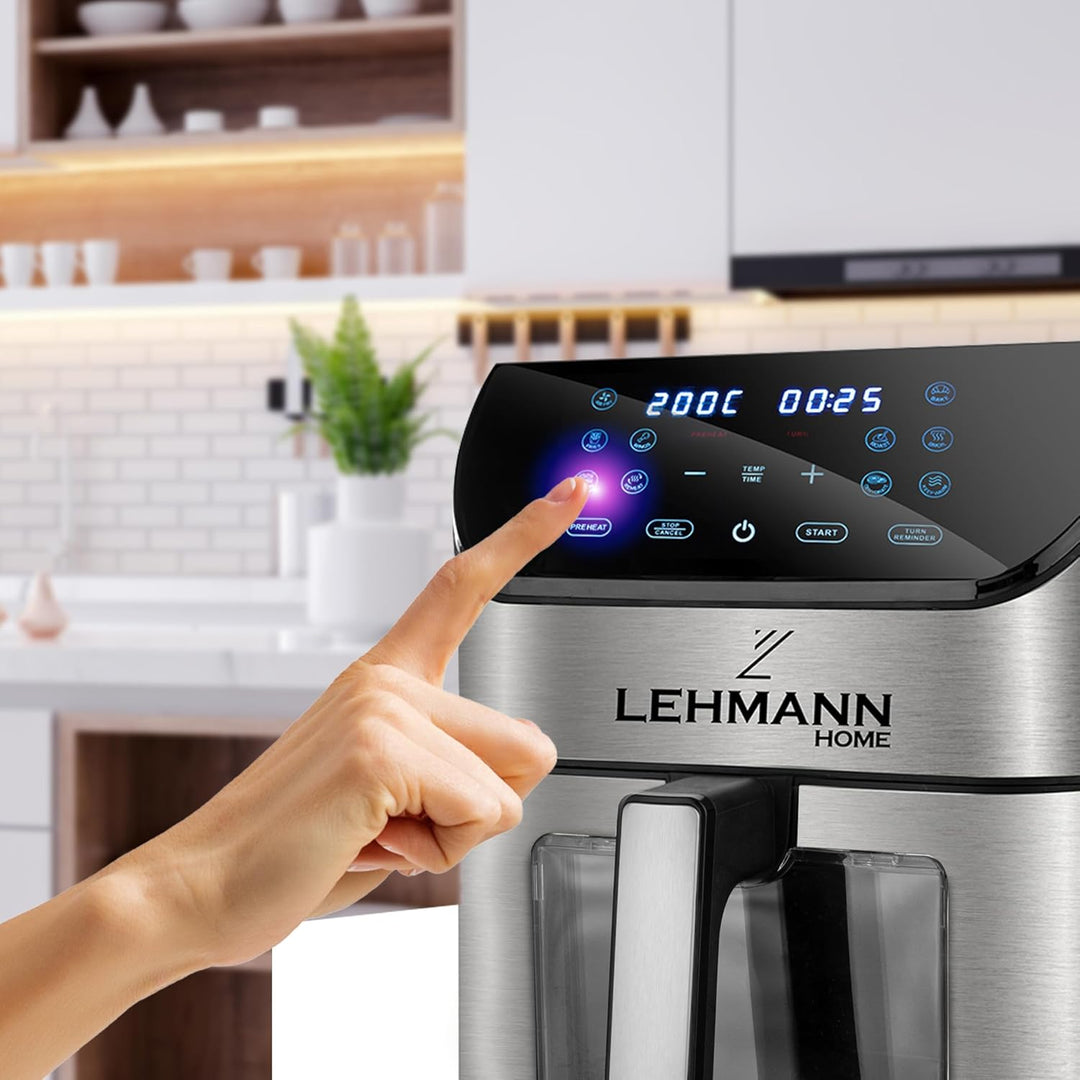LEHMANN Heissluftfritteuse 6L mit Sichtfenster, 1500 W, Air Fryer mit 12 Programmen, Temperaturkontr