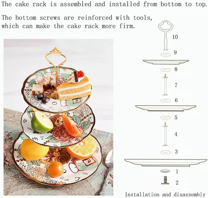 3-Etagen-Keramik Vintage Kuchen Stand mit schönen klassischen Rose Muster, Lebensmittel Rack für die
