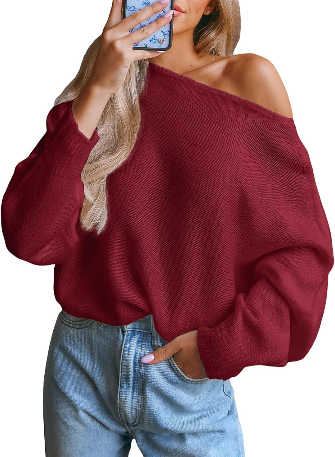 CUPSHE Damen Strickpullover One Shoulder Fledermausärmel Feinstrick Schulterfreier Pulli Oberteile T