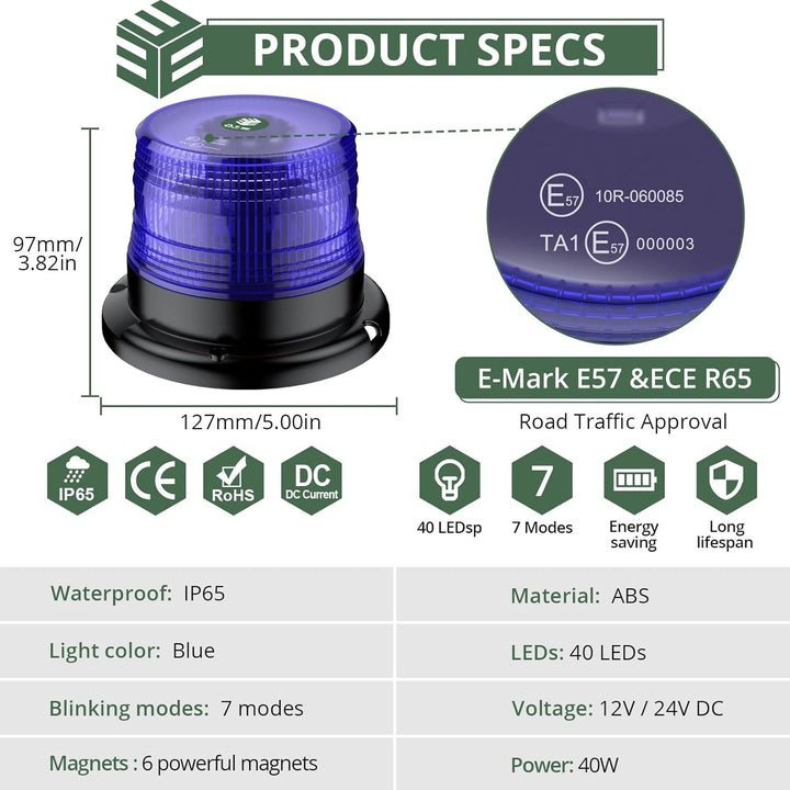 EYPINS 40 LED Rundumleuchte, 40W Auto Warnleuchte, Rundumleuchte Blau, Magnet Warnlicht Blinkleuchte