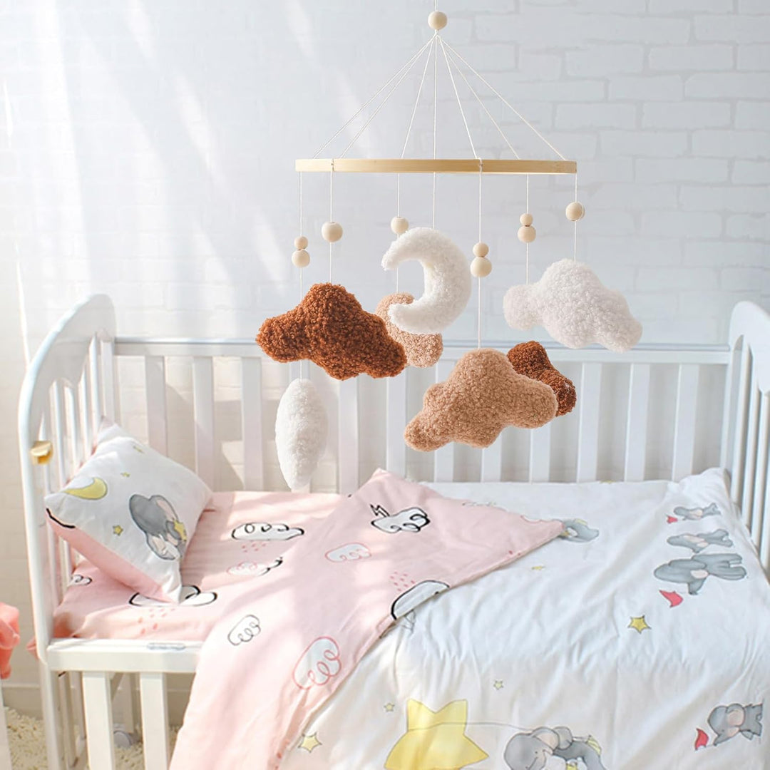 Mobile Baby Windspiele, Babybett Mobile Holz mit 3D Wolken Mond, Kinderzimmer Hängende Bettglocke, N