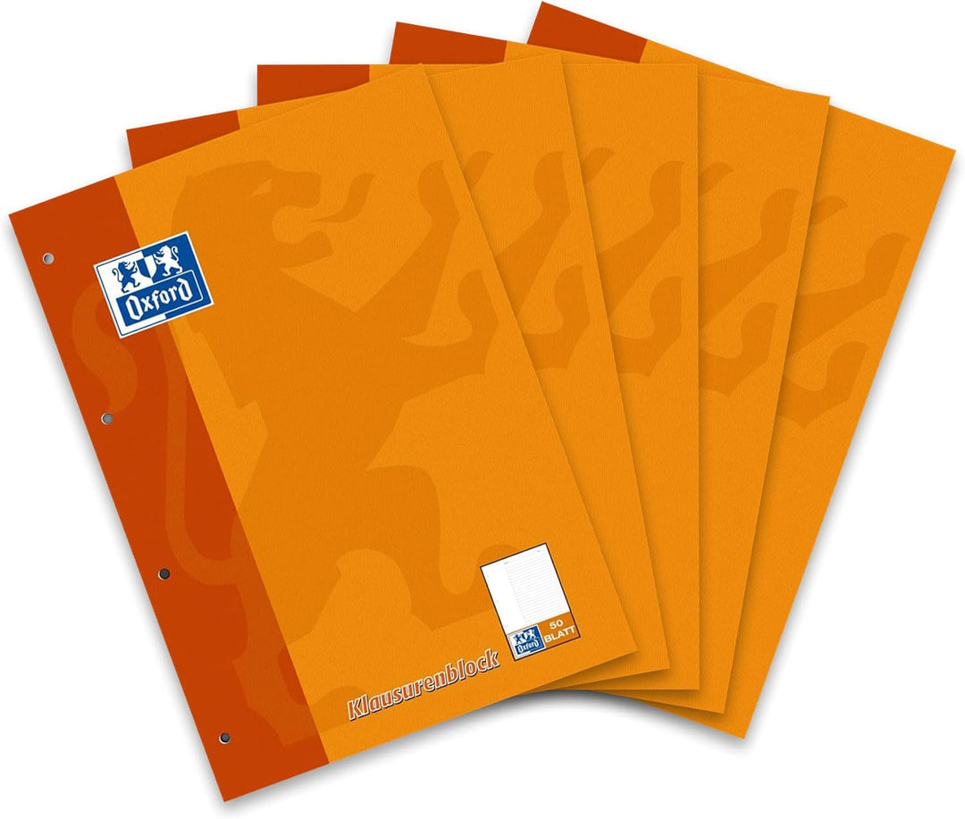 Oxford Schule Klausuren-Block A4, liniert mit Rand, 50 Blatt, orange, 5 Stück Single, Single