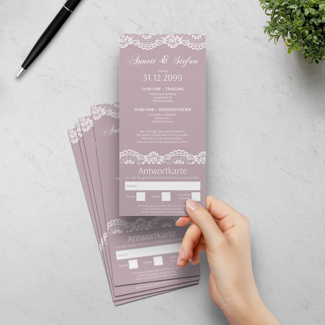 Kartenmachen.de Personalisierte Hochzeitseinladungen mit Antwortkarte (ab 10 Stück) - Spitze in Lila
