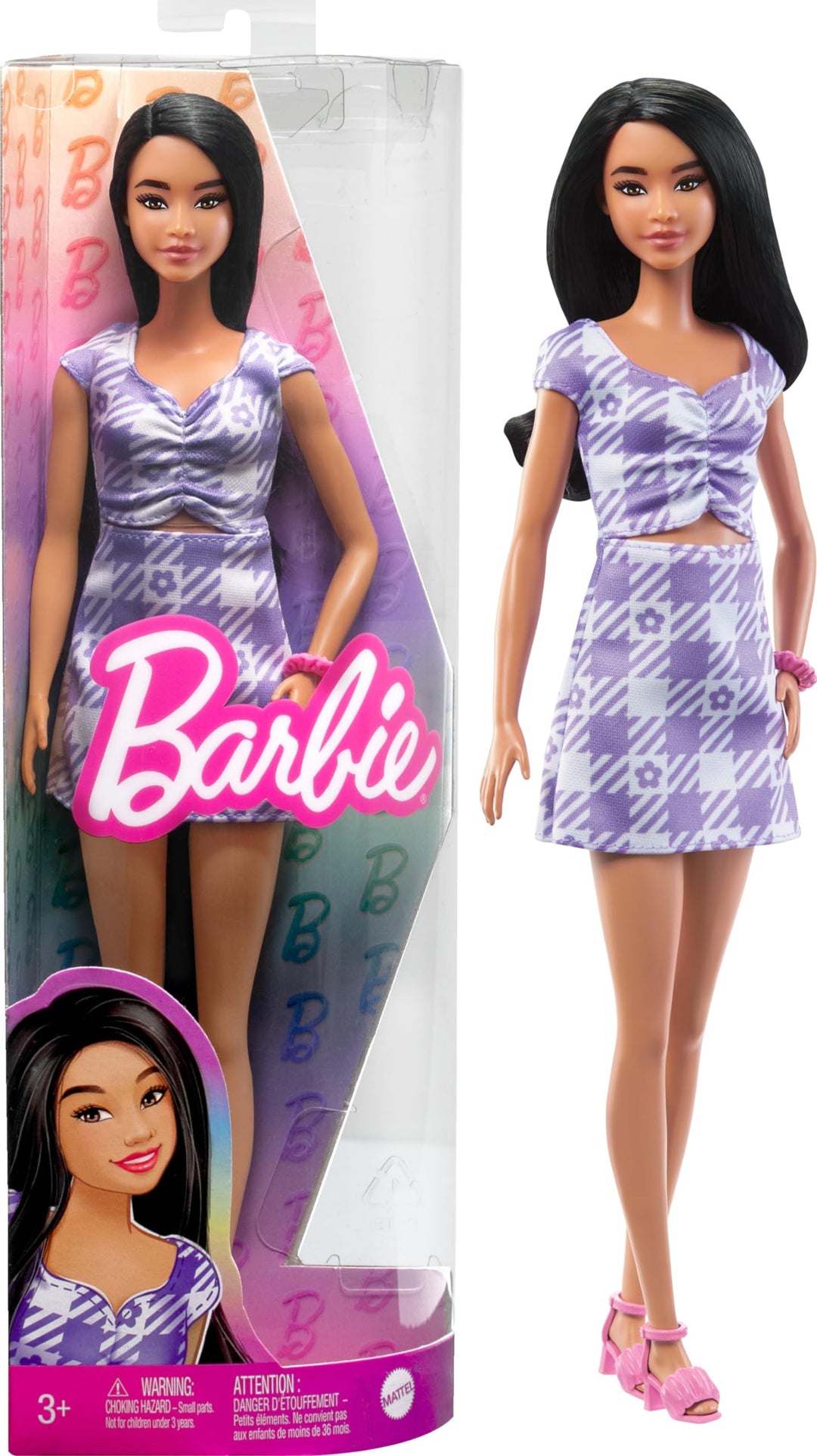 Barbie HPF75 Puppe, Kinderspielzeug, Fashionistas, gewellte Schwarze Haare und grosser Körperbau, Cu