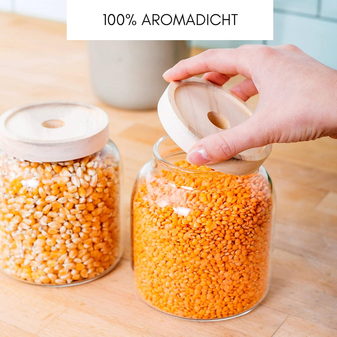 Econovo® Vorratsgläser mit Deckel (2-teilig) 900ml, Vorratsdosen aus Glas mit Holzdeckel luftdicht,