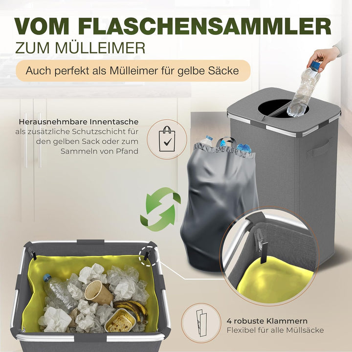 Pfandflaschen Sammelbehälter mit Tragetasche, Reissverschluss, Metallrahmen und Drehdeckel am Pfandf