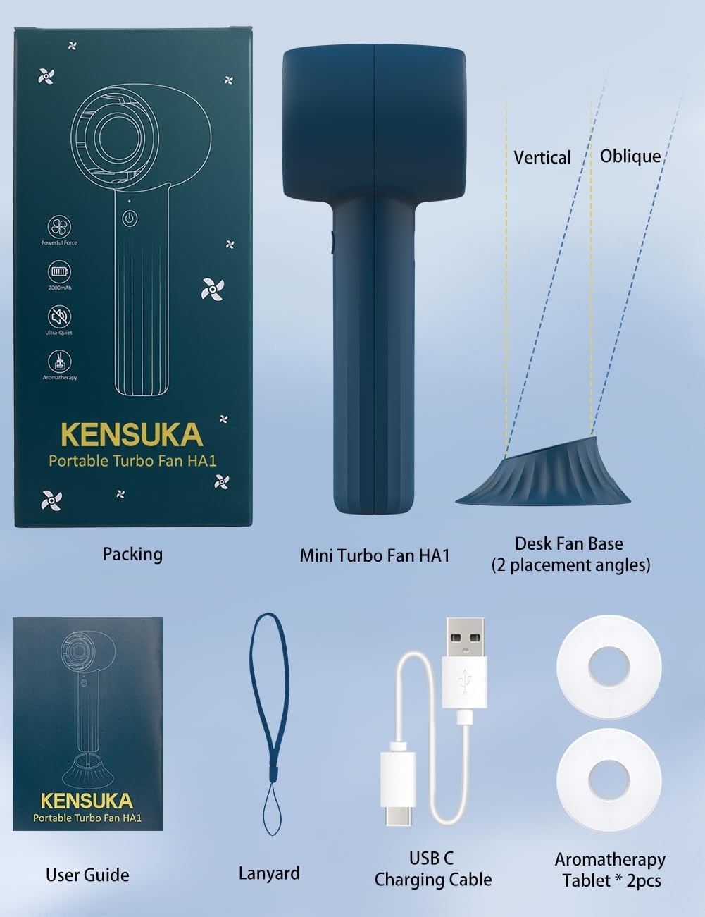 KENSUKA Handventilator Akku Aufladbar mit Aromatherapie HA1, Tragbarer Mini Handventilator mit 2000a