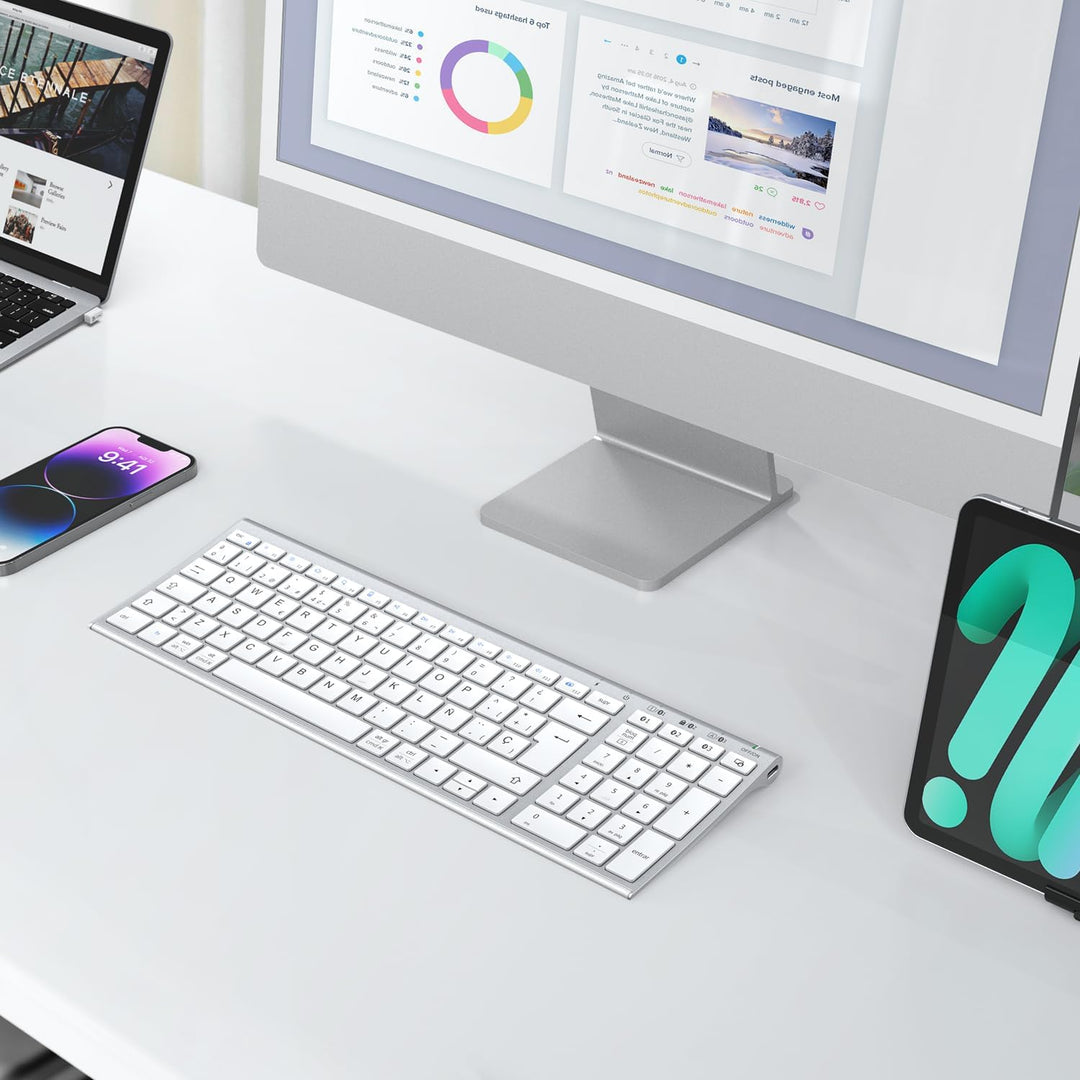 iClever Teclado Bluetooth BK10, Teclado Inalámbrico Multi Dispositivo Recargable Con Teclado Numéric