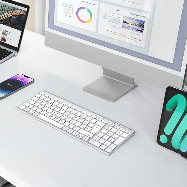 iClever Teclado Bluetooth BK10, Teclado Inalámbrico Multi Dispositivo Recargable Con Teclado Numéric