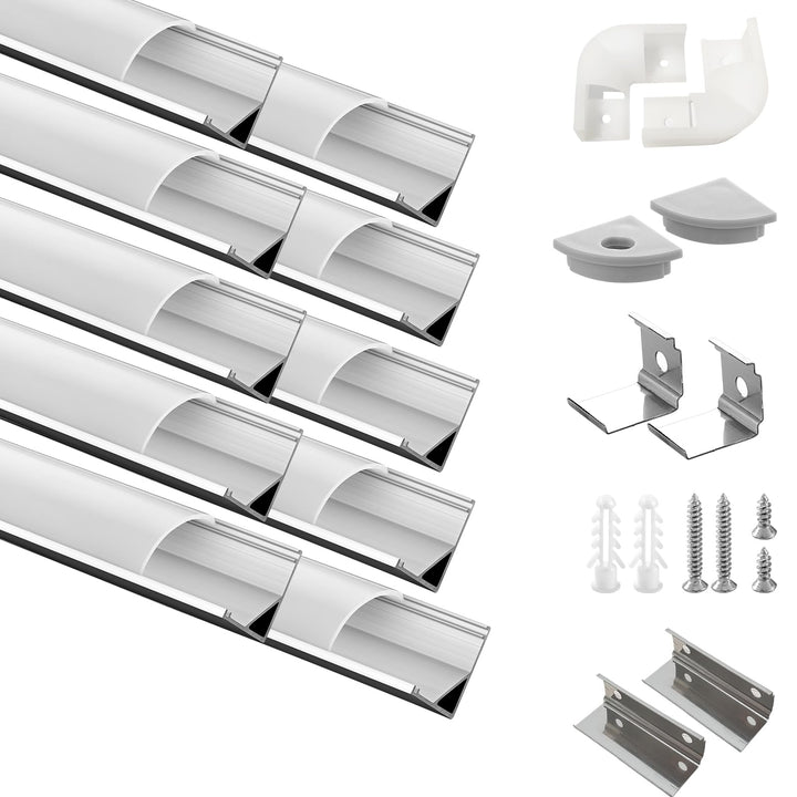Efishine Pack of 10 LED Profiles Aluminium 10 x 1 m, V-Shape Aluminium Profiles with Milky Cover, En