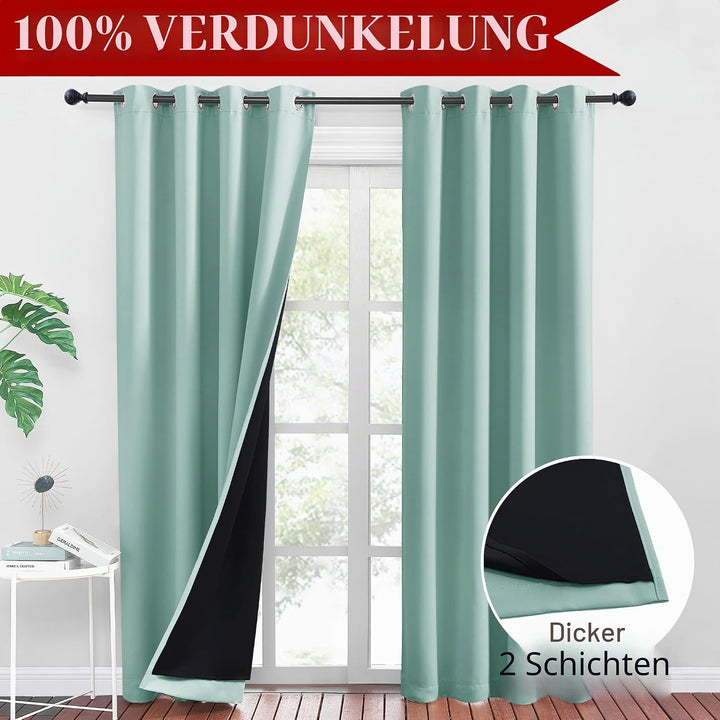 PONY DANCE Gardinen Grün Blickdicht Ösenschal 2er Set H 245 x B 140 cm Lichtundurchlässige Vorhänge