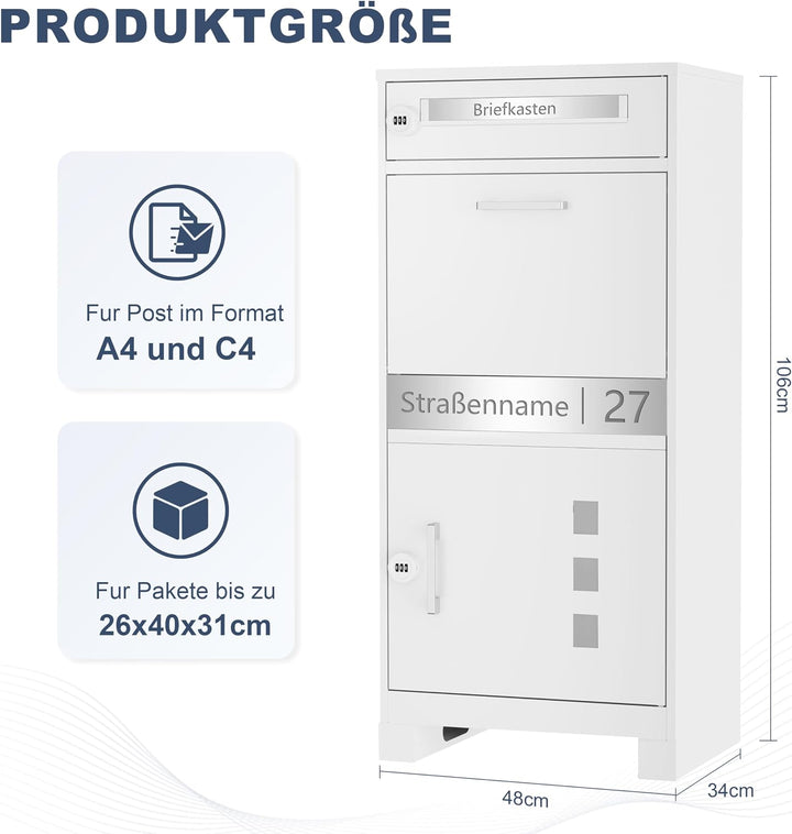 Paketbriefkasten Metall mit Zahlenschloss personalisiert | Paketbox Weiss lasergraviertes Namensschi