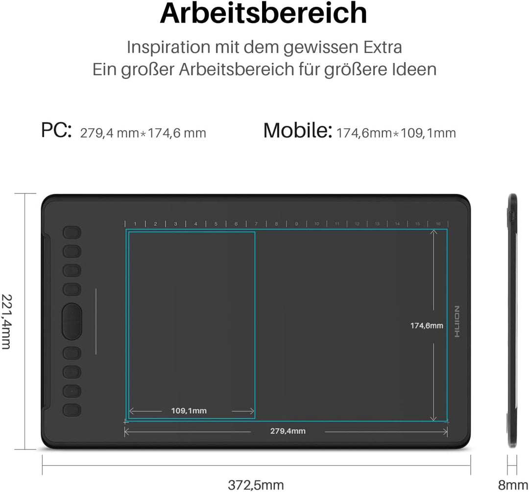 HUION Inspiroy H1161 Grafiktabletts, 11x6 Zoll Zeichentablett mit 10 Benutzerdefinierten Express-Tas