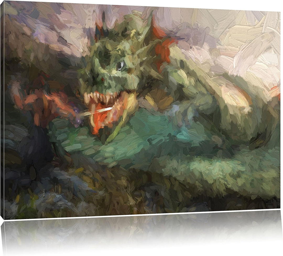 Pixxprint Drache kämpft gegen Krieger als Leinwandbild/Grösse: 100x70 cm/Wandbild/Kunstdruck/fertig