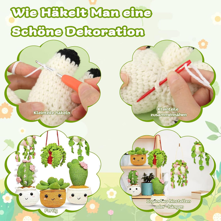 Coopay Häkelset für Anfänger, 6 Kakteen und Pflanzen DIY Häkel Set mit Schritt-für-Schritt Anleitung