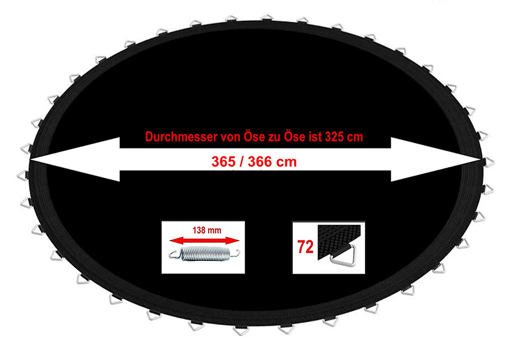 Izzy Sprungtuch 366cm Sprungmatte 72 Ösen - Trampolin - Innenmasse 325 cm, geeignet für 135 bis 138