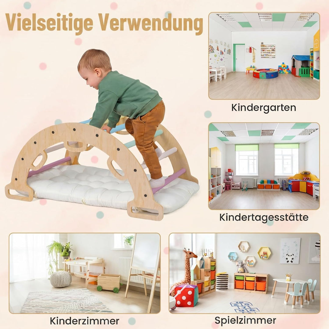 COSTWAY Kletterbogen Holz mit Kissen, Montessori Kletterwippe, Kletterdreieck zum Wippen, Klettern u