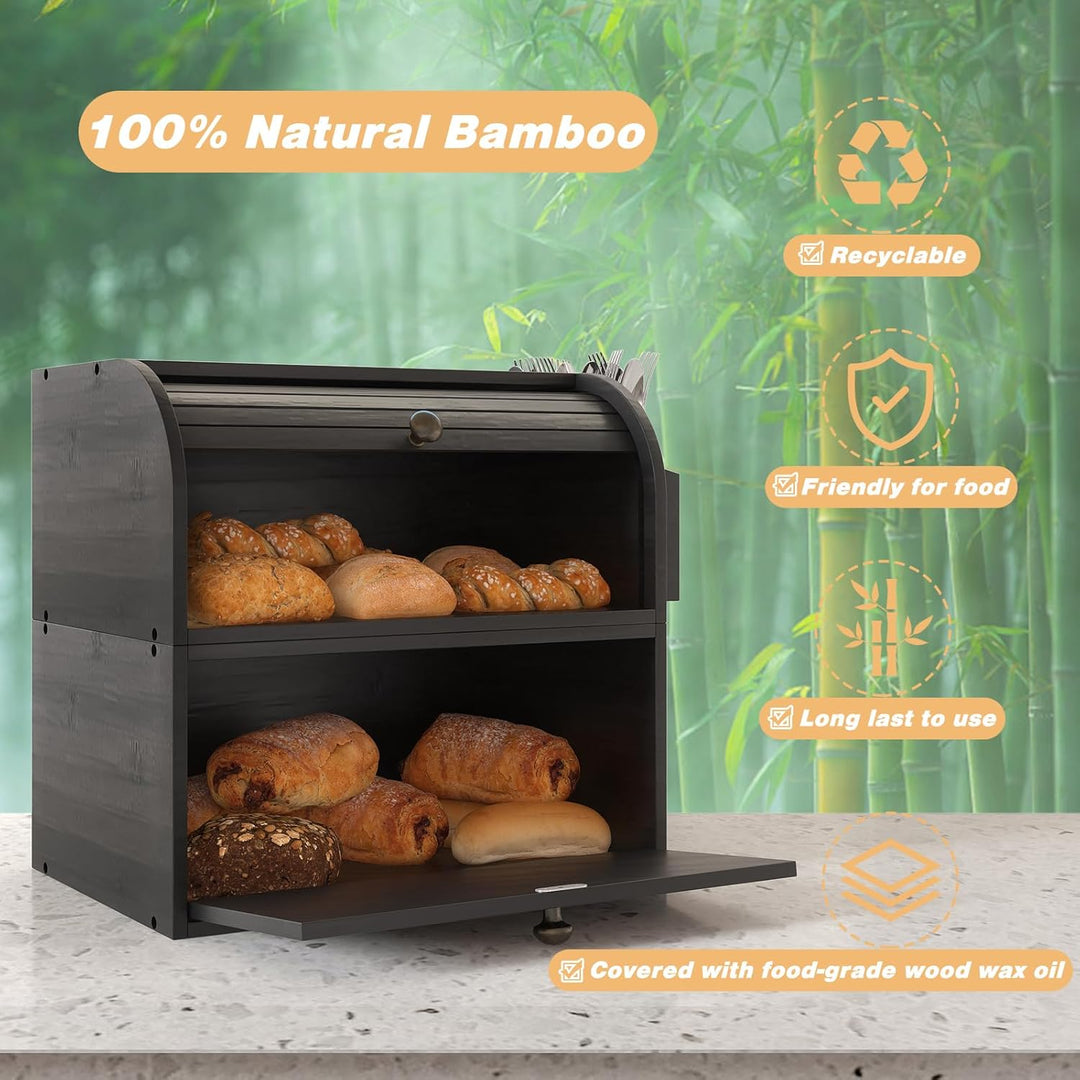 TQVAI Brotkasten Holz, Bambus Brotbehälter mit 2 Etagen Brotaufbewahrung, Bread Box mit Rolldeckel m