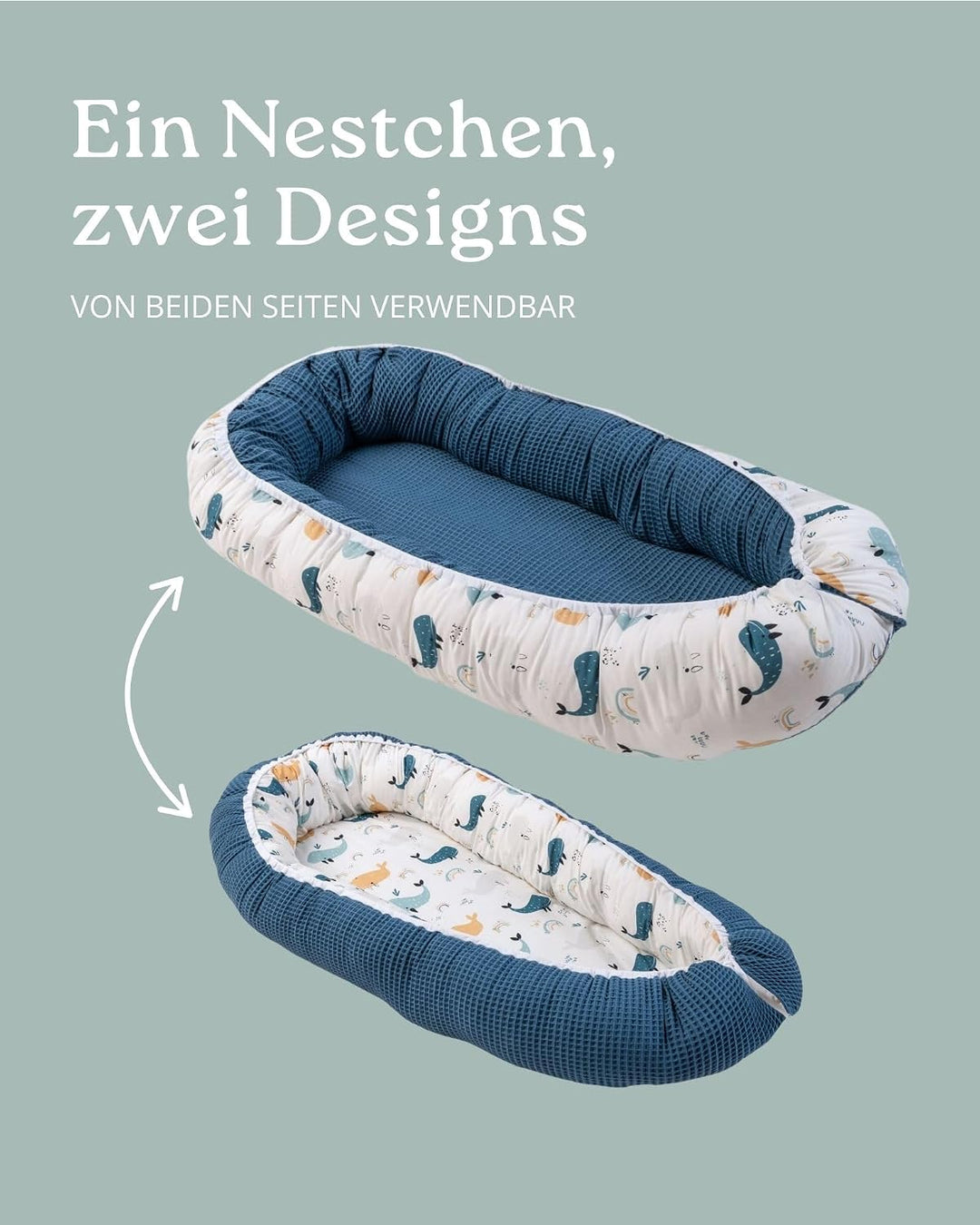 ULLENBOOM ® Babynest & Kuschelnest (55x95 cm) Blau-Wale (Made in EU) - Baby Nestchen aus Baumwolle,
