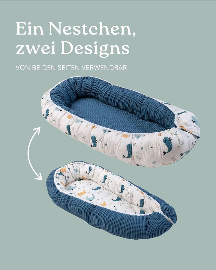 ULLENBOOM ® Babynest & Kuschelnest (55x95 cm) Blau-Wale (Made in EU) - Baby Nestchen aus Baumwolle,
