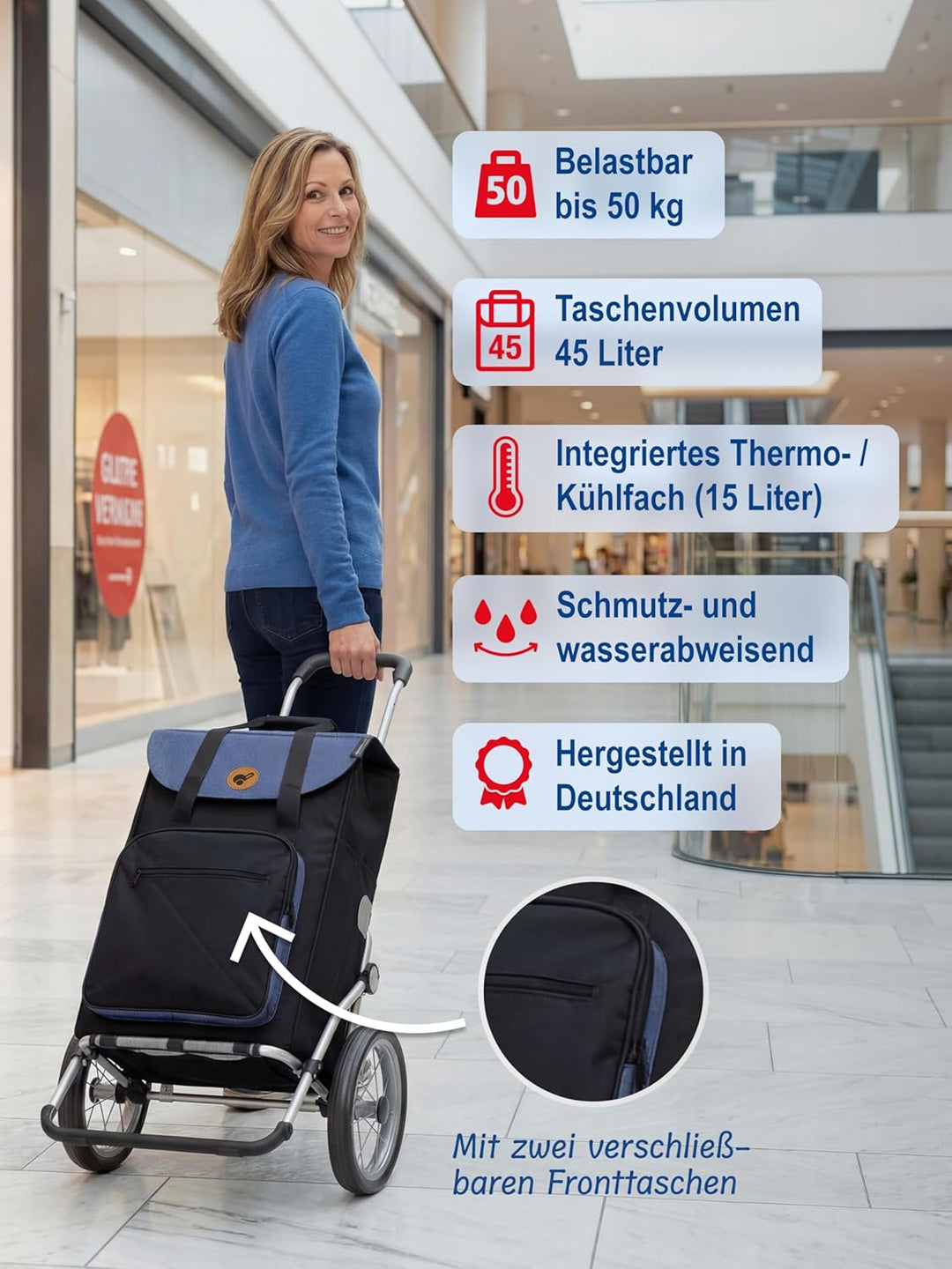 Andersen Einkaufstrolley Royal mit Metallspeichenrad 25 cm und 45 Liter Einkaufstasche Wismar schwar