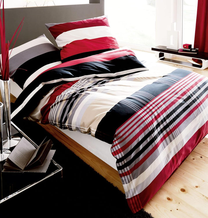 Kaeppel Biber Bettwäsche Set Prime Time Rot Schwarz Weiss Streifen, Grösse:240x220cm Bettwäsche, 240