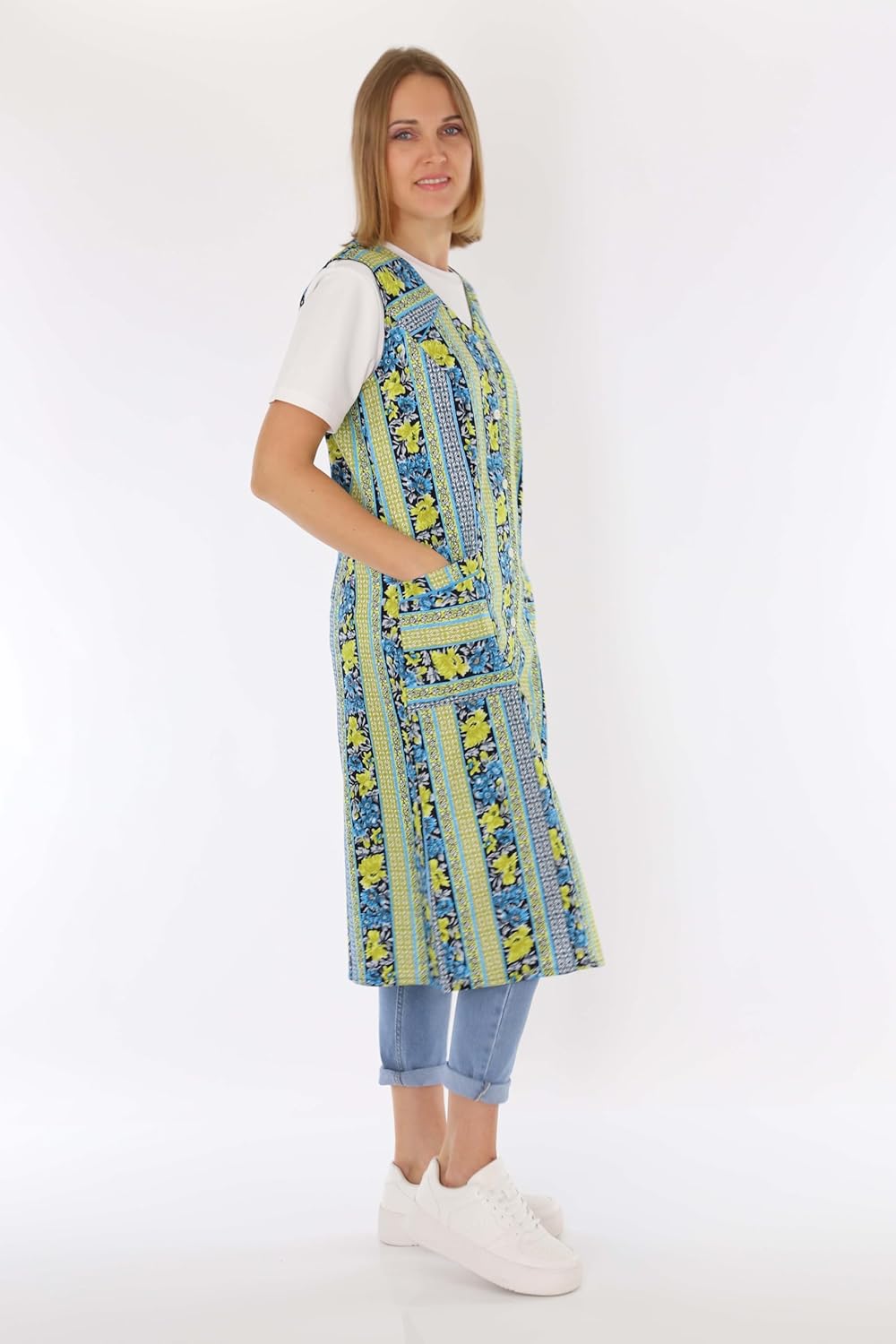 Knopfkittel Baumwolle bunt Kochschürze Hauskleid Kittel Schürze ohne Arm 46 Grün, 46 Grün