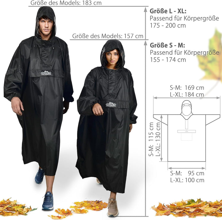 Outdoro Regenponcho mit Ärmeln - Mit Navigations-Fenster in der Brusttasche, Reissverschluss und Sic