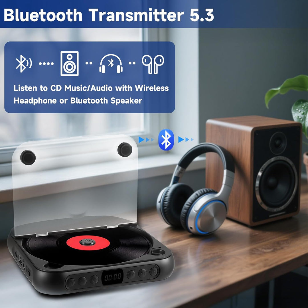 Tragbarer CD Player mit Bluetooth 5.3 - Kinder CD Spieler mit 2000mAh Akku, USB, MP3 Wiedergabe, AUX