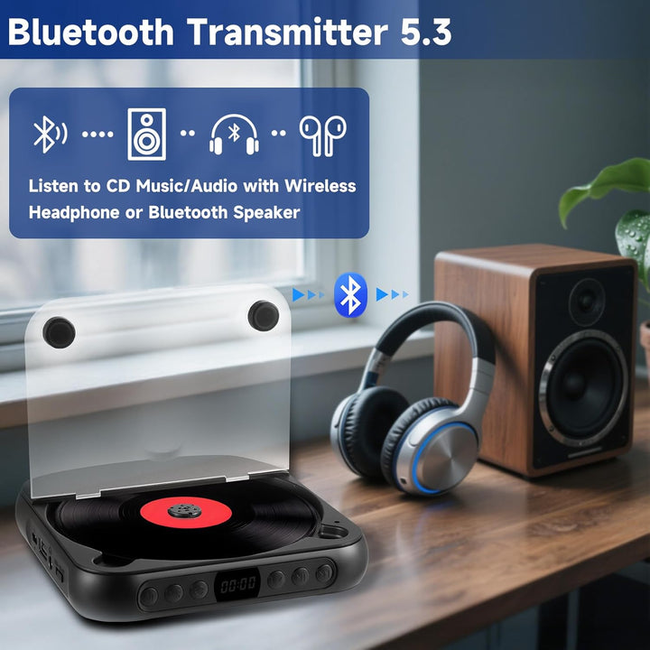 Tragbarer CD Player mit Bluetooth 5.3 - Kinder CD Spieler mit 2000mAh Akku, USB, MP3 Wiedergabe, AUX