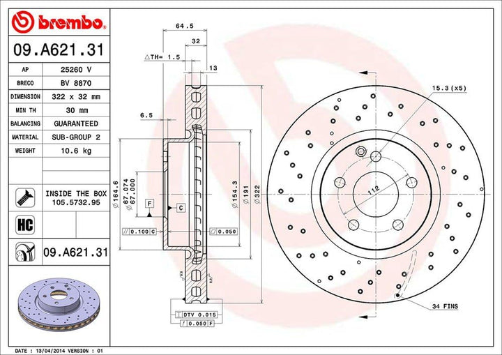 Brembo 09.A621.31 Vordere Bremsscheibe mit UV Lackierung