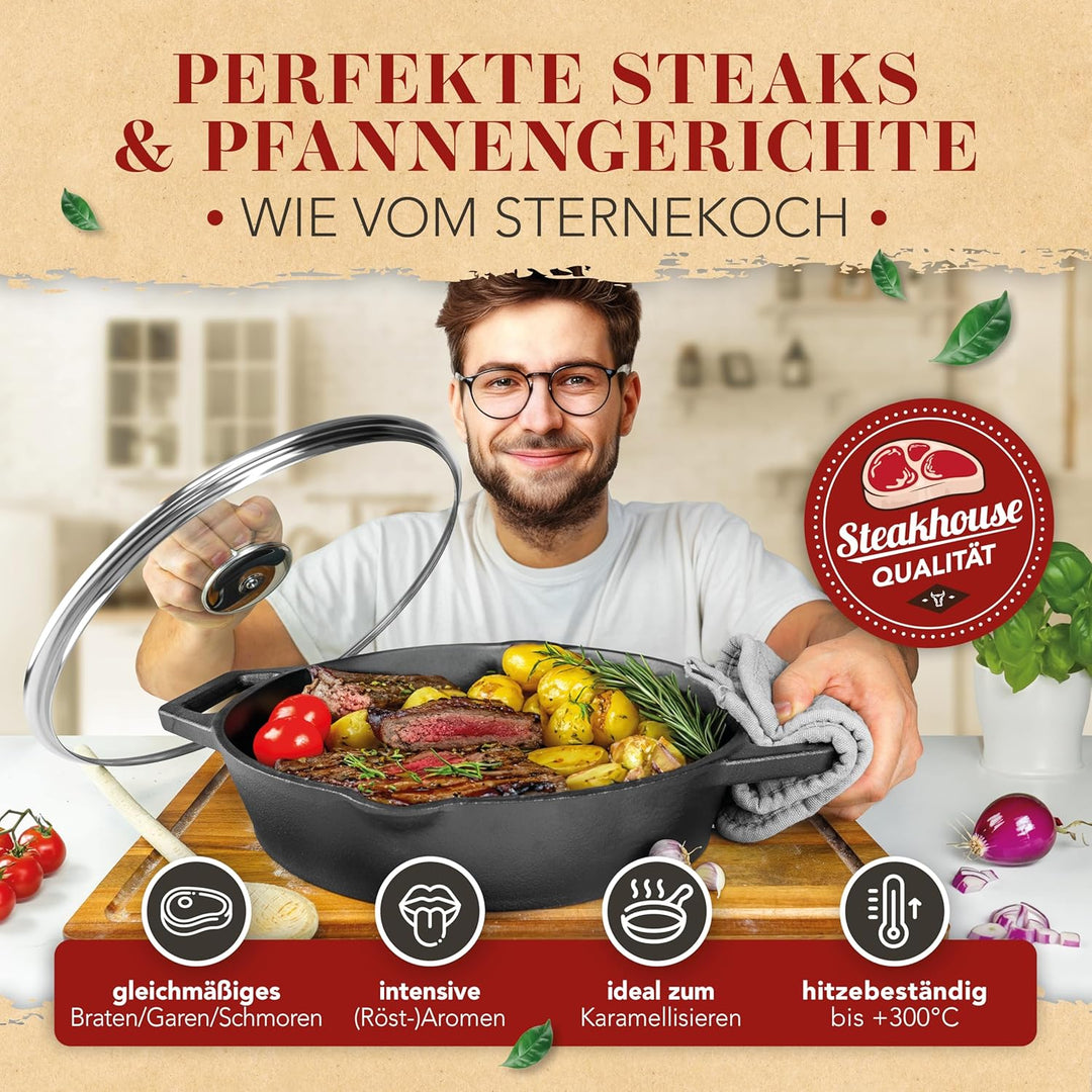 KRUSTENZAUBER 32cm Gusseisenpfanne Induktion - Voreingebrannte Gusseisen Pfanne - Ideale Grillpfanne