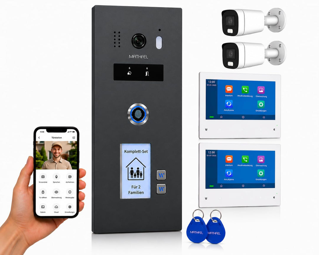 Mathfel 2-Draht IP Video Türsprechanlage 2 Familienhaus mit Fingerprint – Anthrazit Aussenstation, R