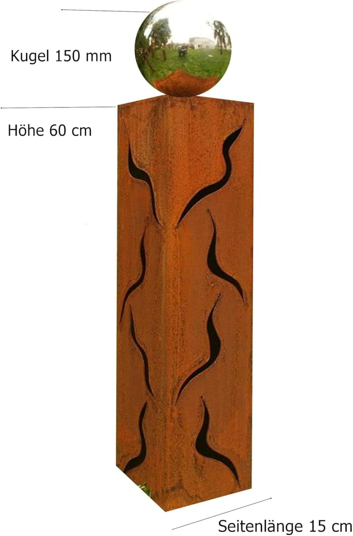 Gartendeko Säule 60 cm Rost Skulptur mit Edelstahlkugel