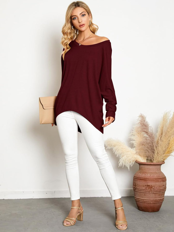 ZANZEA Damen Lose Asymmetrisch Jumper Sweatshirt Pullover Bluse Oberteile Oversize Tops, S Wein Rot