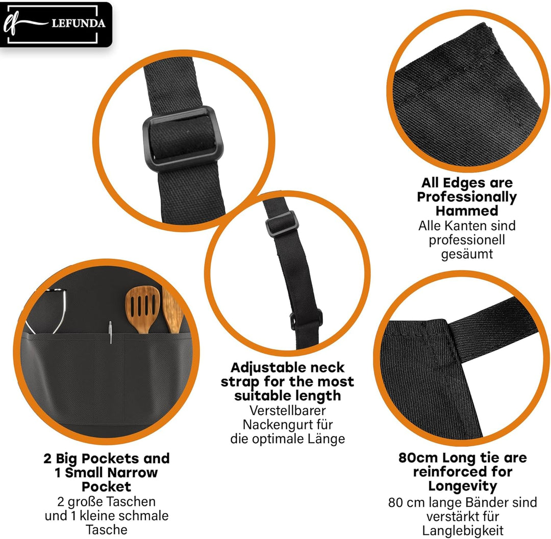 LEFUNDA® Kochschürze Wasserdicht Schürze mit 3 Taschen Verstellbare Grillschürze mit langen Bändern