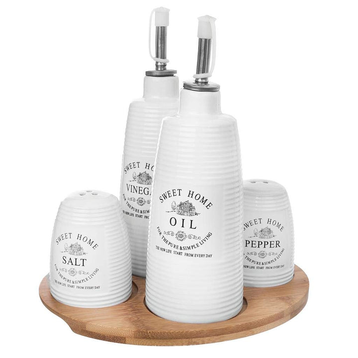 Gewürzset Menage Porzellan mit Bambus Holz Tablett Sweet Home Collection für Öl Und Essig Salz Pfeff