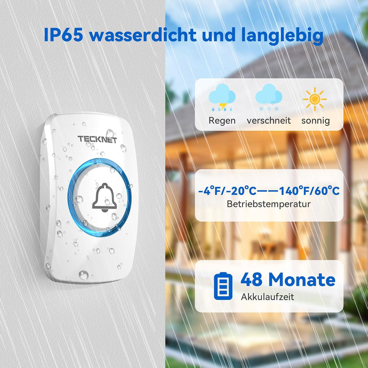 TECKNET Funkklingel, IP65 wasserdichte aussere Funkklingel mit 400 m Reichweite, Funk-Türklingel-Set