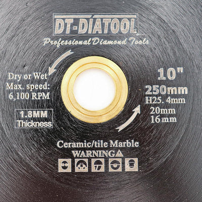 DT-DIATOOL Diamant Trennscheibe 250 mm x 25,4 mm/20 mm/16mm Sägeblatt mit X Mesh Turbo für Porzellan