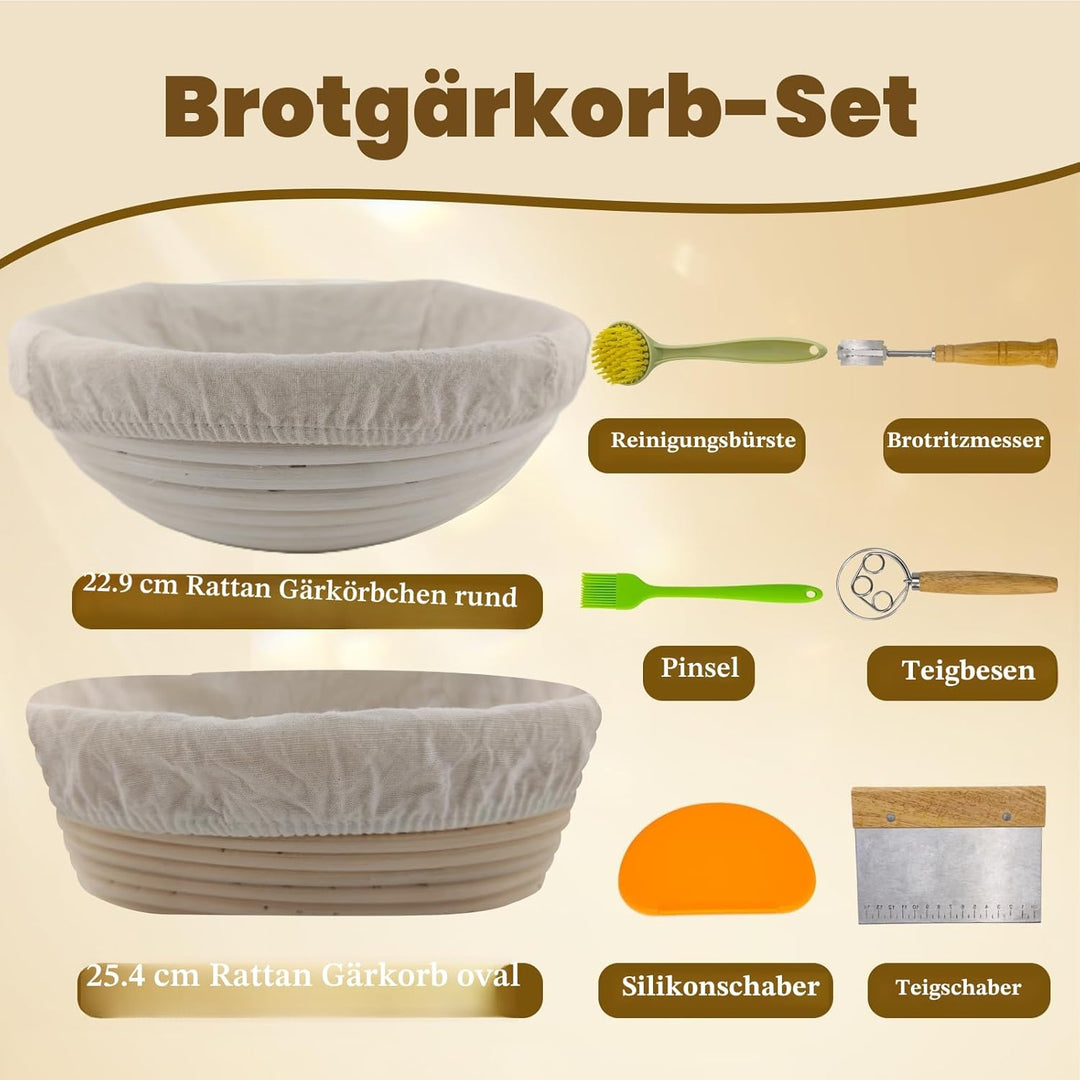 Brotgärkorb-Set, runder und ovaler Sauerteig-Gärkorb, 100 % natürliches Rattan, Brotlame, Teigbesen,