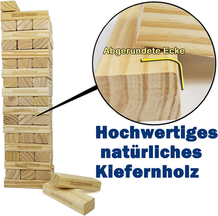 JacMok Jumbo Tumble Tower-Wackelturm-Turm Spiel 60 Stück Kiefernholz Toppling Blocks Spielzeug mit T