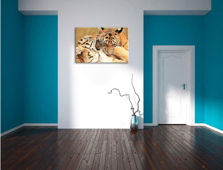 Pixxprint Zwei Junge Tiger beim Kämpfen als Leinwandbild | Grösse: 100x70 | Wandbild| Kunstdruck | f
