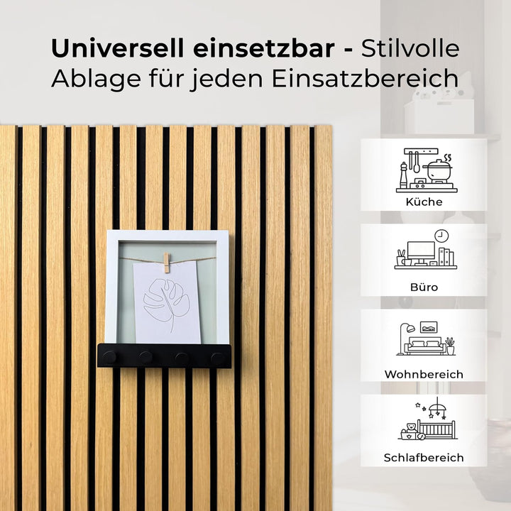 Wandregal mit Hakenleiste Einhängeregal für uficell Akustikpaneele 20 cm lang – schwarzes Metallrega