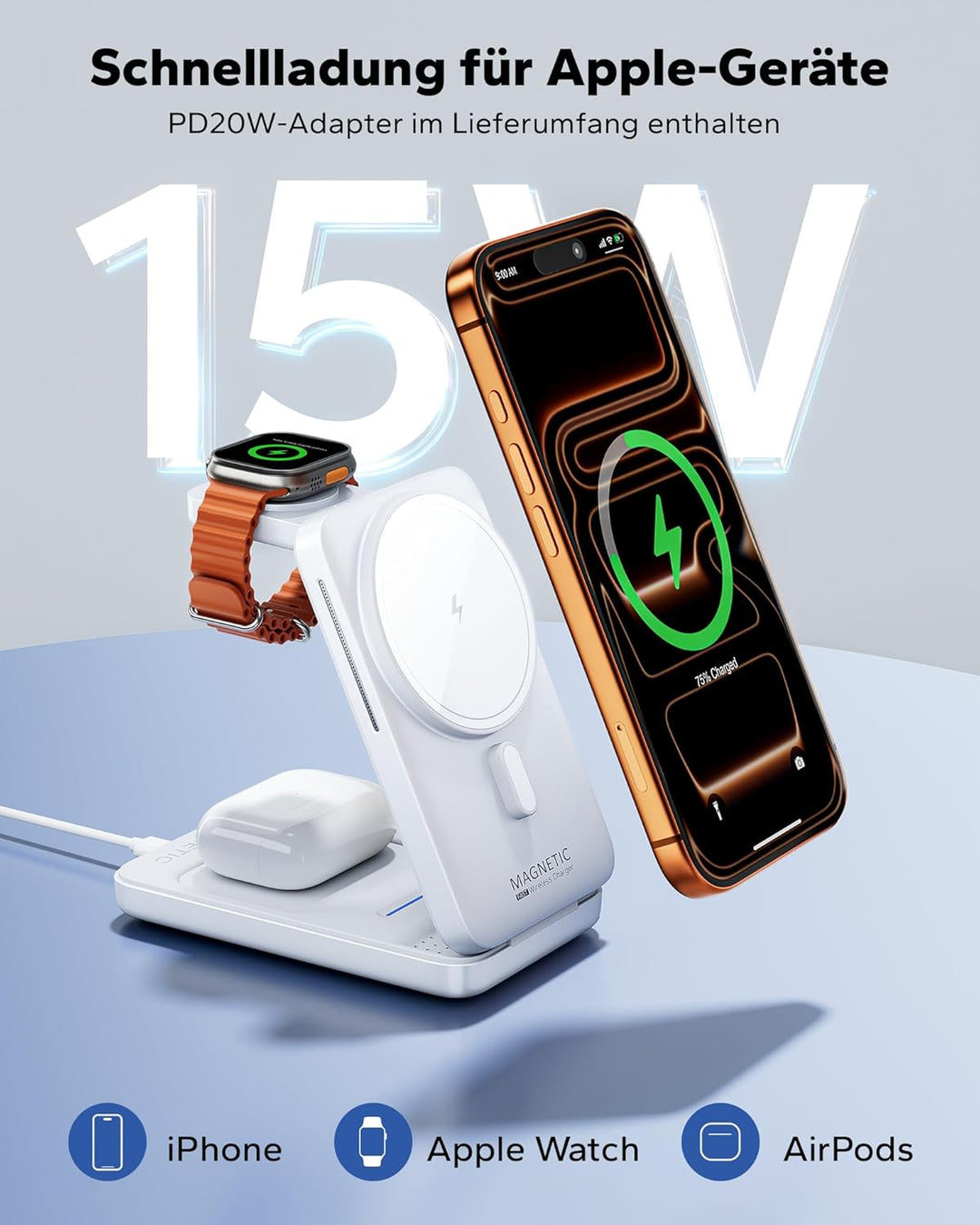 KPON Ladestation für Apple Watch und iPhone, 3 in 1 Faltbares Magsafe Ladegerät Schnellladung Kompat