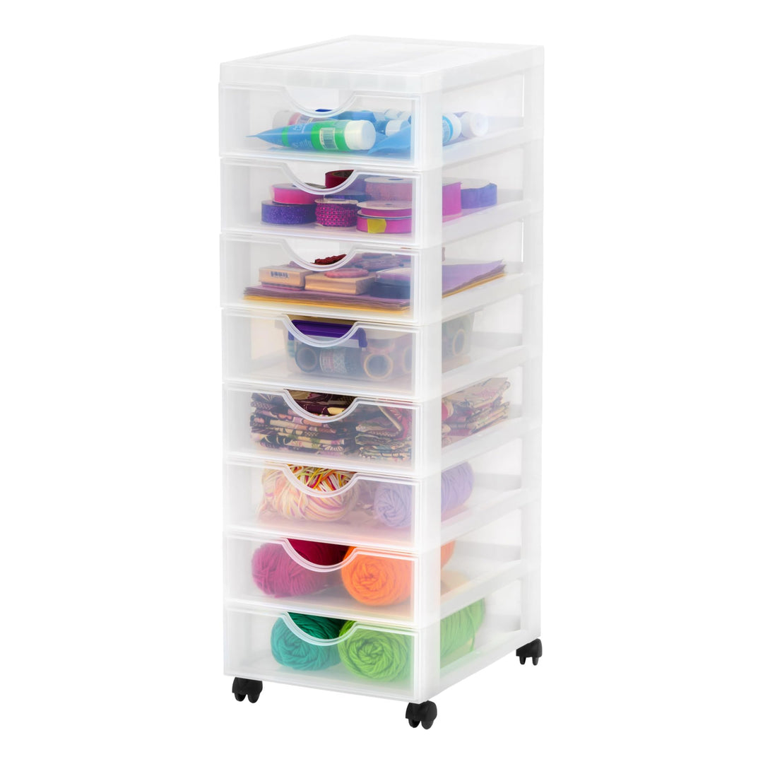 Iris Ohyama Kunststoff-Schubladenbox mit Rollen, 8 flachen Schubladen, Mattweiss, Griffe zum Ziehen,