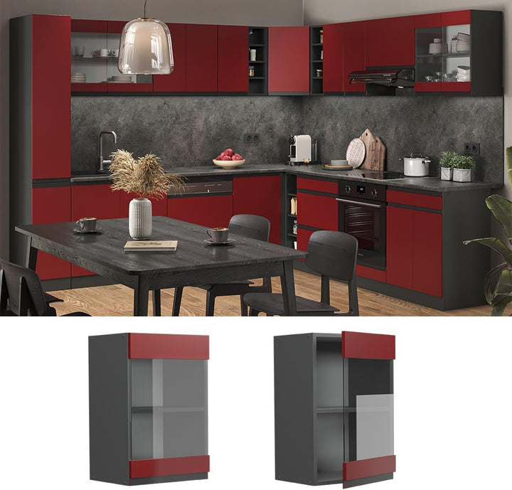 Vicco Küchenschrank Glas R-Line, Rot/Anthrazit, 40 cm J-Shape Rot Hängeglasschrank 40 cm grifflos, R