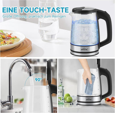 HOMELUX Wasserkocher Glas 1500 Watt 1,8 Liter, Electric Kettle Mit Led-Beleuchtung, Glas wasserkoche