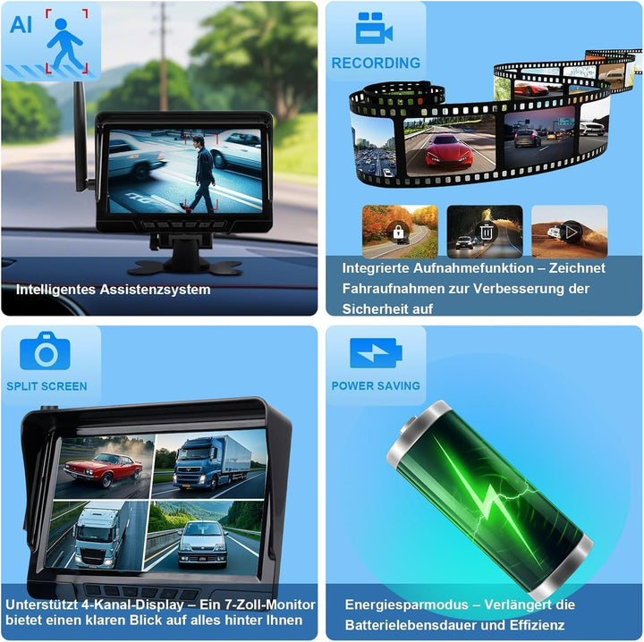 1080P Daul Magnetisch Rückfahrkamera Kabellos Solar mit 7" Display, 170° Weitwinkelobjektiv sorgt, 9