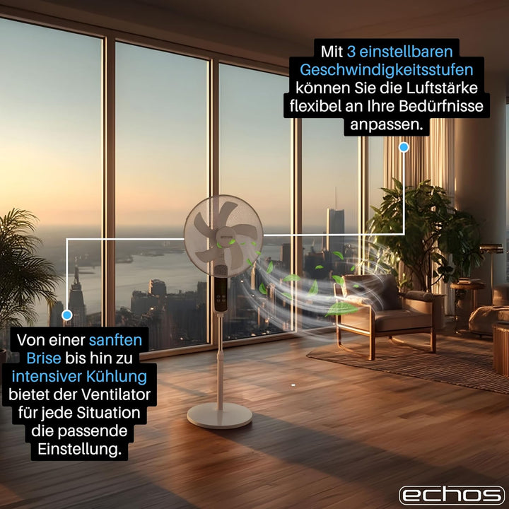 Echos® Standventilator Ø43cm kraftvoller Ventilator sehr leise energiesparend hoher Luftdurchsatz 3